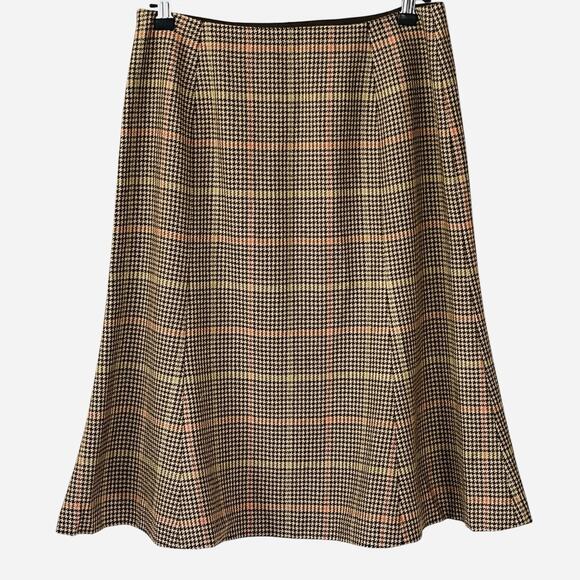 VTG Talbots Skirt 6 Petite Plaid Wool Flare Hem Houndstooth Academia Lined Brown - Picture 2 of 9